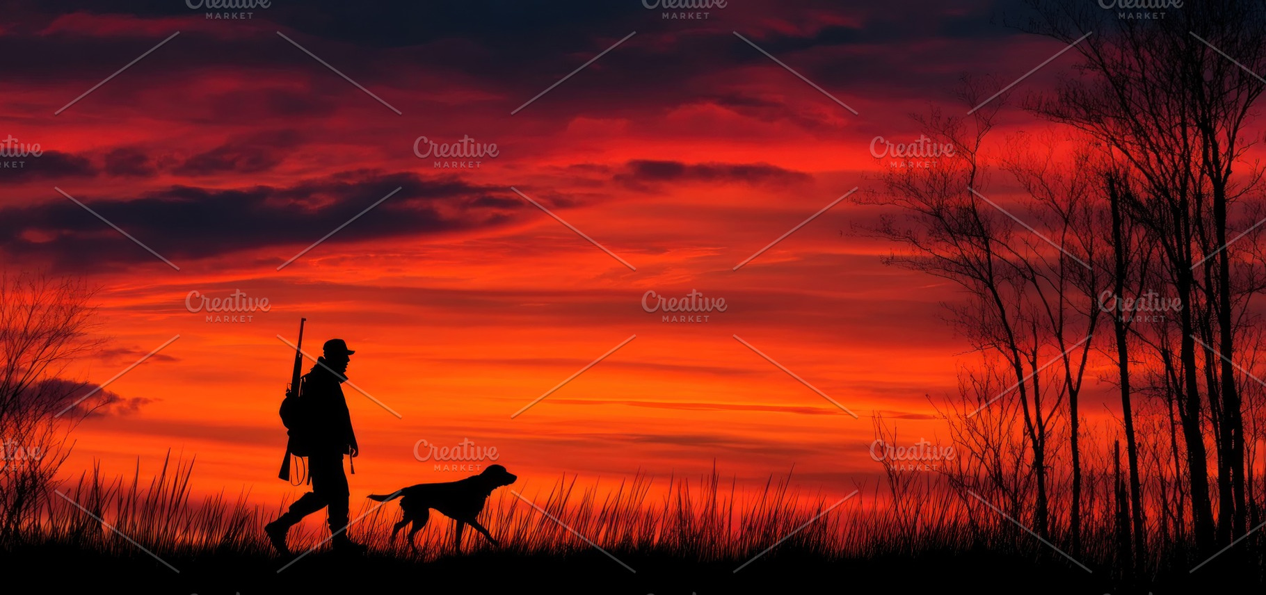 Hunter walking with dog at sunset through tall grass with fiery, a Person Photo by José Manuel Gelpi