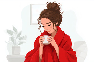 Woman in a cozy red robe enjoys, a Food & Drink Photo by MistyDay