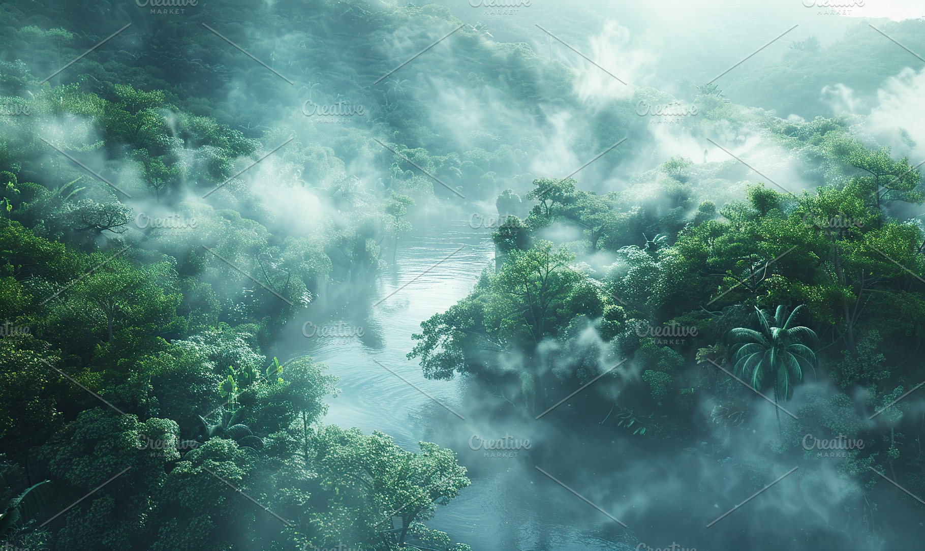 Green jungle with white fog and river, a Nature Photo by AlyaAnd