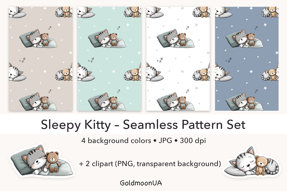 Sleepy kitty Patterns & Clipart, an Animal Illustration by GoldmoonUA (Photo 1 of 5)