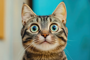 Close-up of a crazy surprised cat, a Photo by Pavel_design