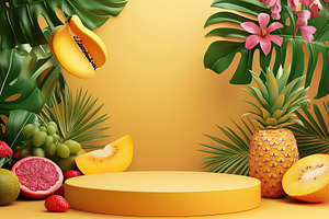 Vibrant summer podium decorated with tropical fruits and lush greenery for seas, a Background Photo by AlyaAnd