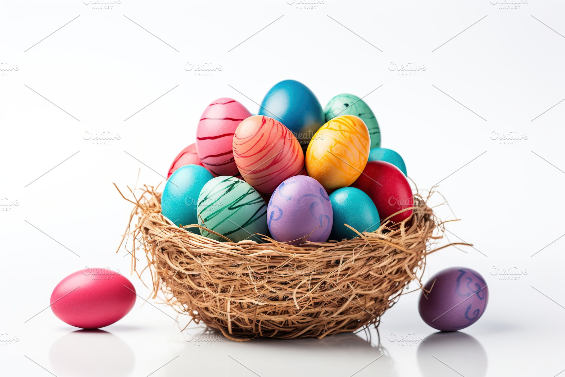 Basket with colorful easter eggs isolated on white background, a Holiday Photo by AlyaAnd