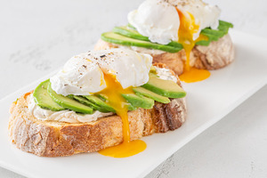 Avocado toast with poached eggs, a Food & Drink Photo by Alexander Prokopenko