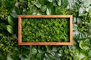 Decorative green wall art with lush foliage and vibrant greenery in a natural s, a Background Photo by AlyaAnd
