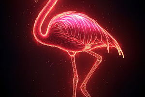 Glowing neon flamingo standing on one leg with vibrant red and p, an Animal Photo by José Manuel Gelpi