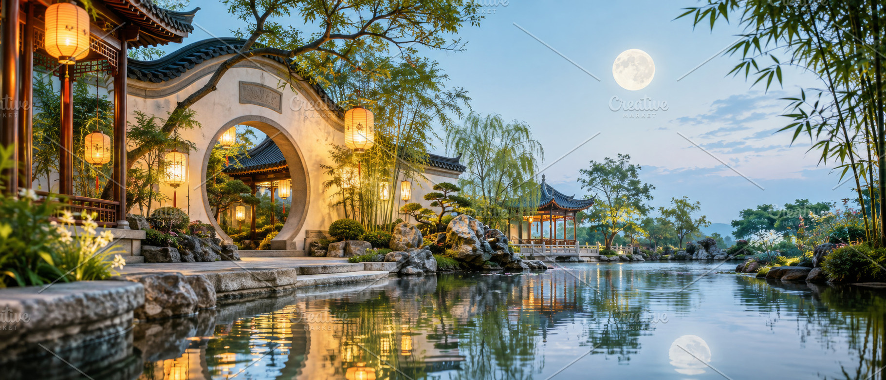 Mid autumn moon festival reflecting in tranquil water of traditi, a Photo by Dvoevnore photos