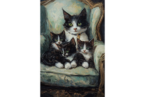 Tuxedo Cat Family on Armchair Art, an Animal Illustration by Art Paradise Studios