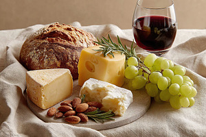 Cheese platter with assorted cheeses, grapes, nuts, and a glass of red wine ser, a Food & Drink Photo by AlyaAnd
