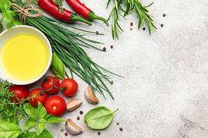 Fresh herbs and spices with olive oil creating culinary inspirat, a Food & Drink Photo by Olena Rudo
