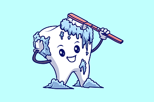 Cute Tooth with Toothbrush Cartoon, a Healthcare Illustration by Catalyst Labs