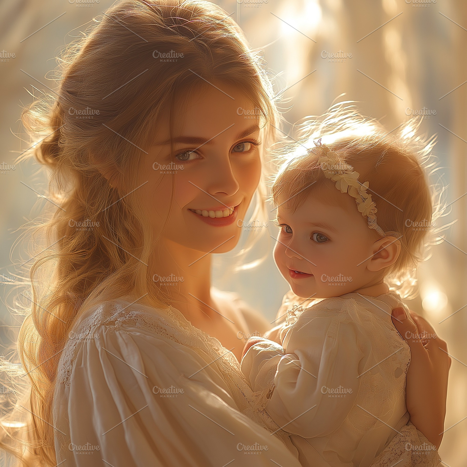 A smiling Caucasian woman holds her baby girl, both illuminated by soft golden, a Person Photo by ImageMir