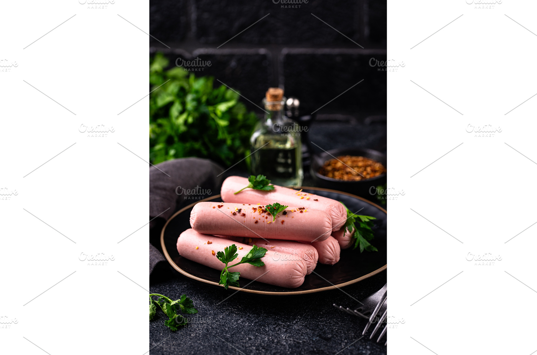 Boiled pork sausages with spices, a Food & Drink Photo by Yulia Furman