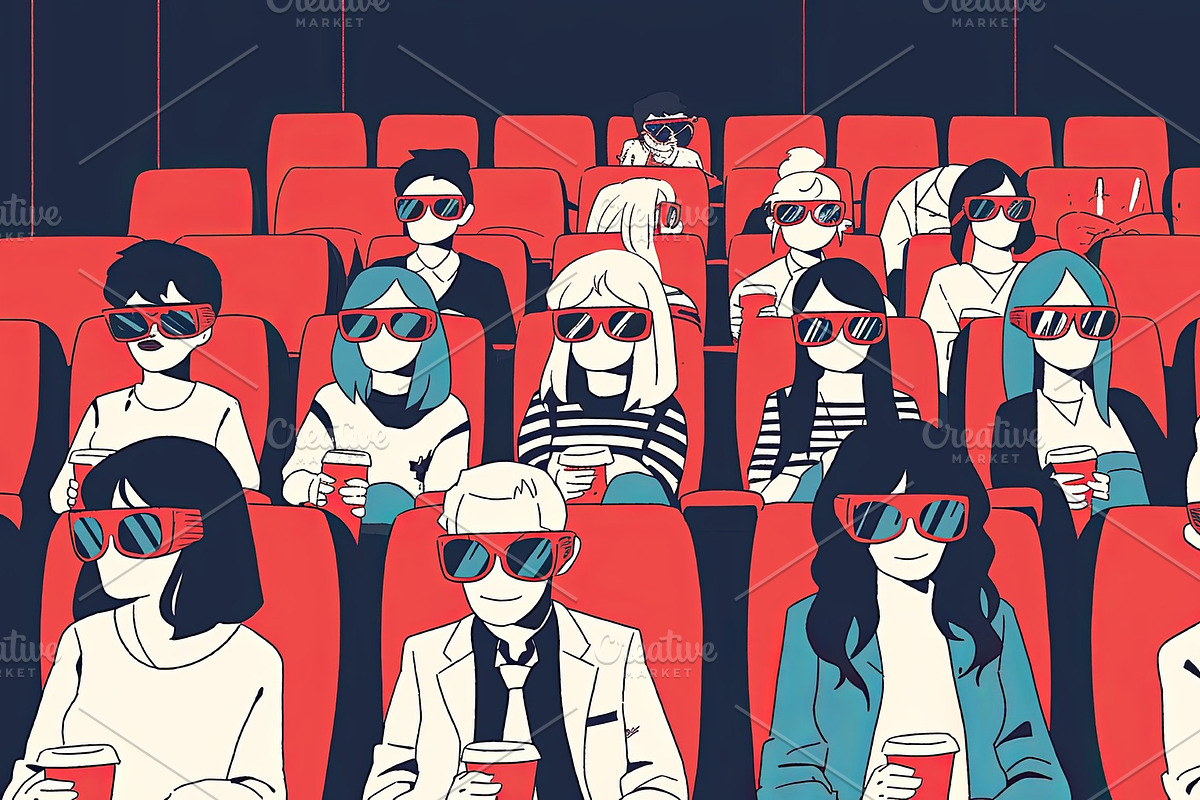 Animated crowd enjoying 3D movie experience in comfortable cinema seating, an Illustration by AS photostudio