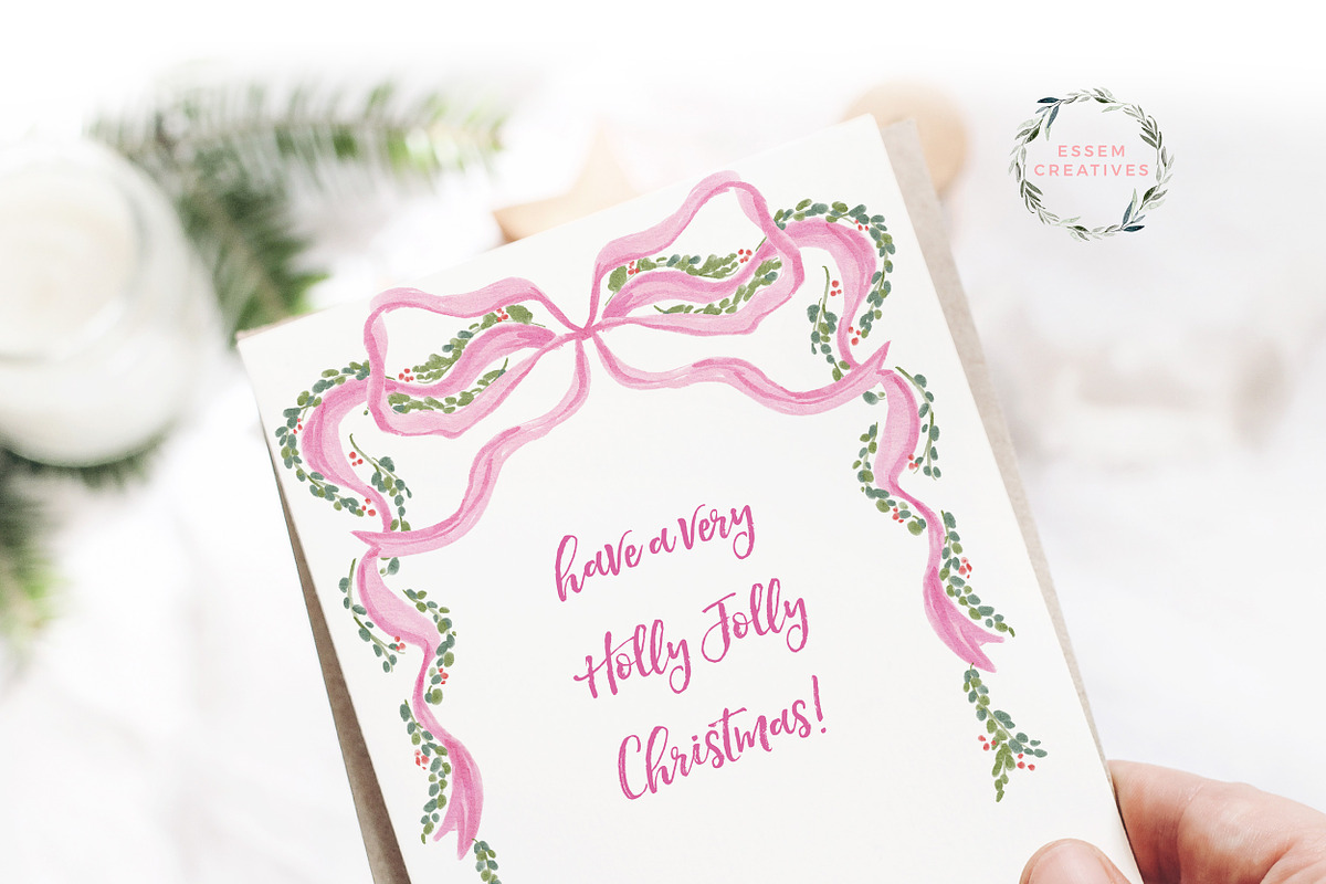 Coquette Christmas Pink Bow Greenery, a Seasonal Illustration by Essem Creatives (Photo 6 of 7)