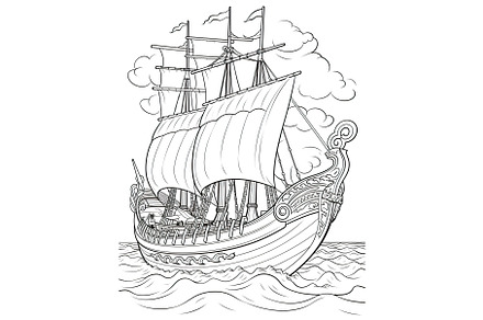 A ship sailing in the ocean coloring, an Illustration by tilialucida