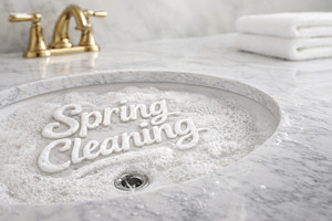 Spring cleaning text in soapy sink w, a Photo by Dvoevnore photos