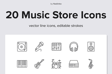 Music Store Line Icons, an Outline Icon by Nadiinko