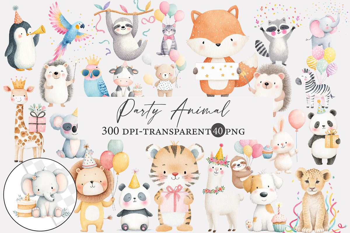 Watercolor Party Animal Clipart, an Illustration by Designworld (Photo 1 of 5)