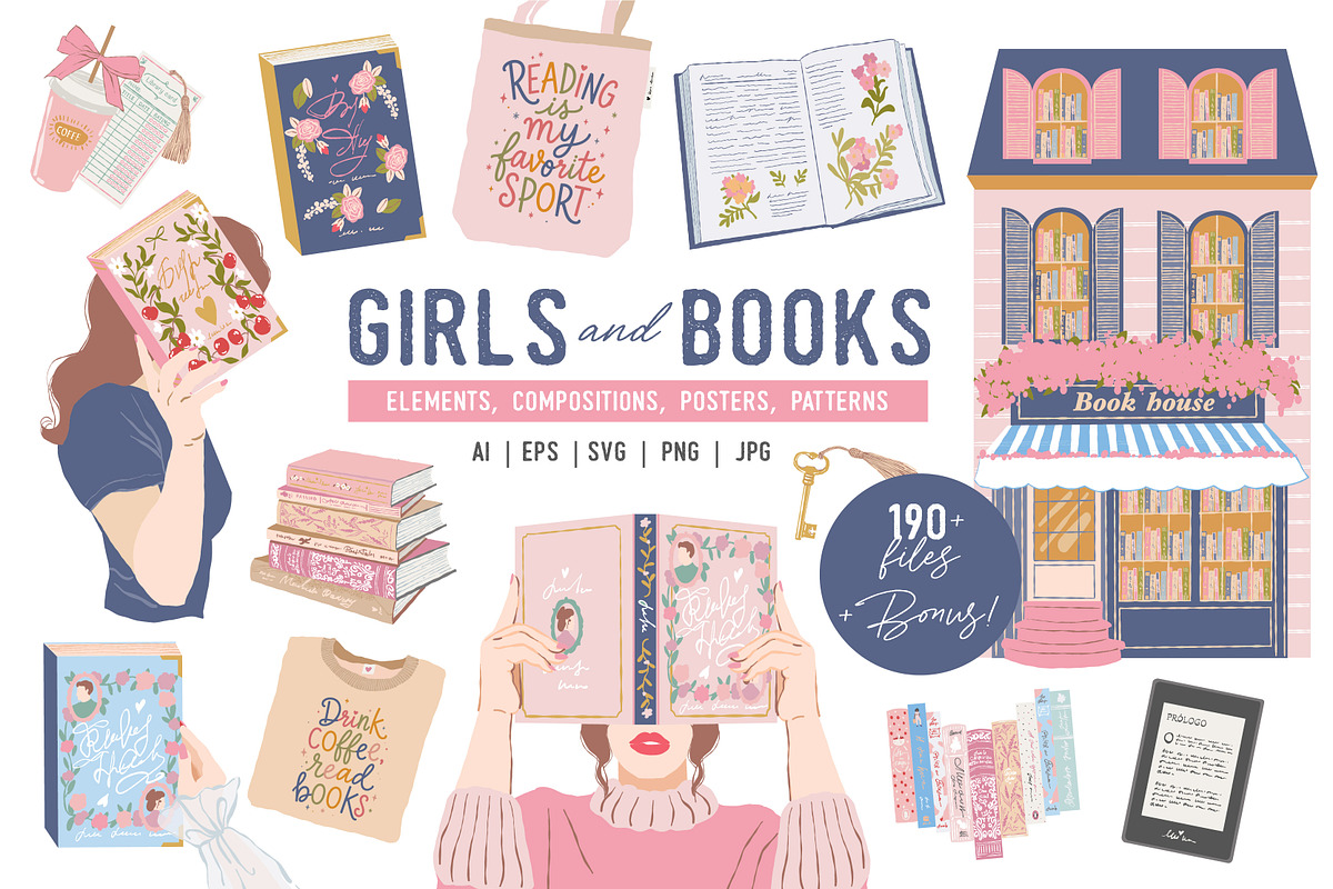 Book Lovers Clipart. Girls and Books, an Object Illustration by VerAna (Photo 1 of 24)