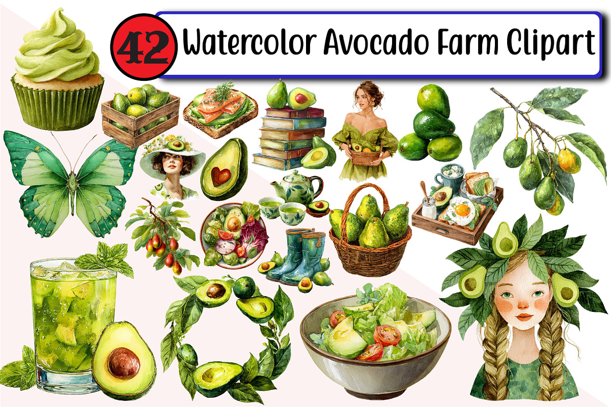 Watercolor Avocado Farm Clipart, an Illustration by Design Market (Photo 1 of 3)