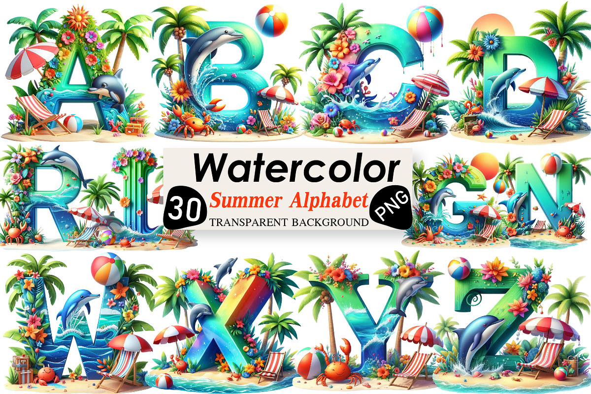Summer Beach Doodle Alphabet Clipart, an Illustration by Black Bird Studio (Photo 1 of 6)