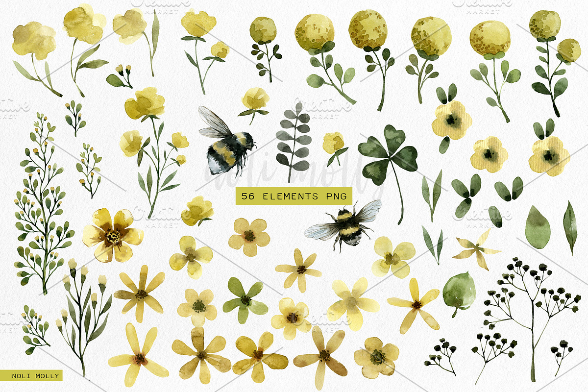 Yellow flowers. Watercolor set., an Illustration by Noli Molly Store (Photo 2 of 8)