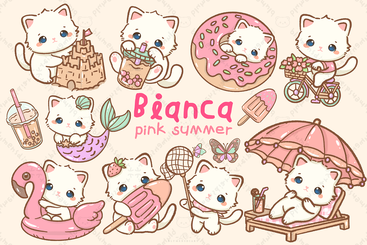 Kawaii White Cat Pink Summer Clipart, an Animal Illustration by Blumensdiary (Photo 1 of 4)