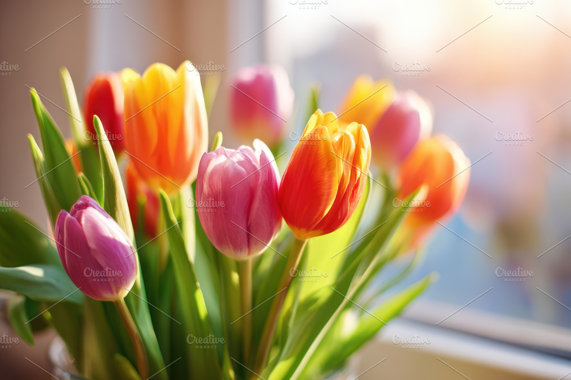 Sunlit colorful tulips in a pot, a Nature Photo by AlyaAnd