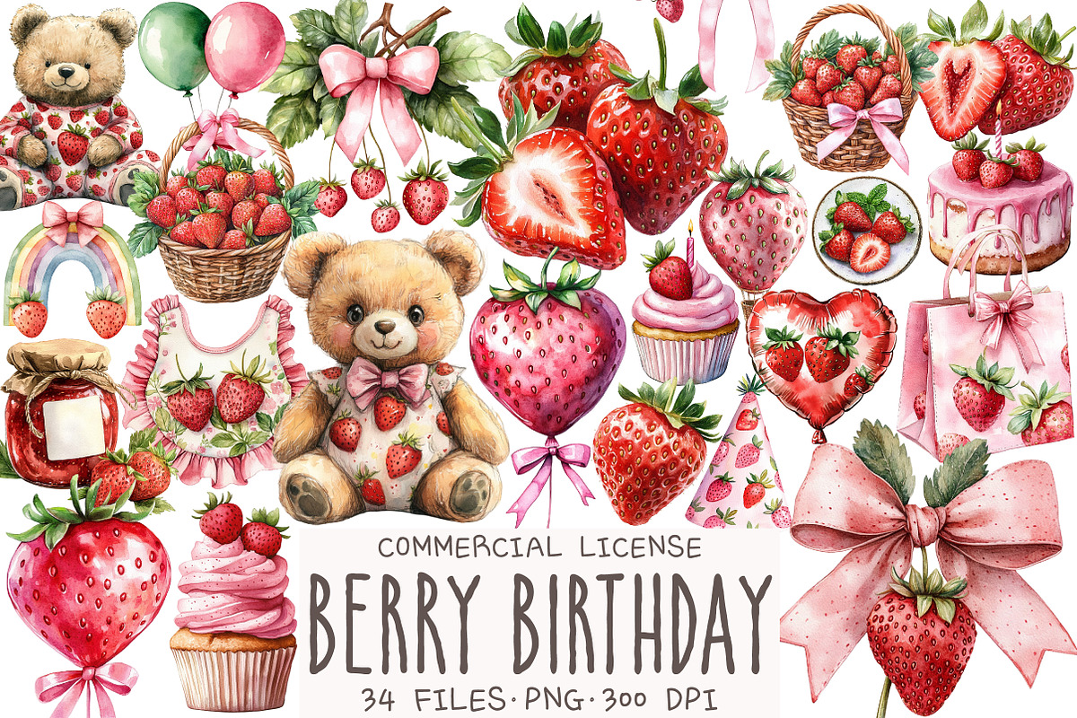 Berry Birthday Watercolor Clipart, an Illustration by OK Design (Photo 1 of 5)