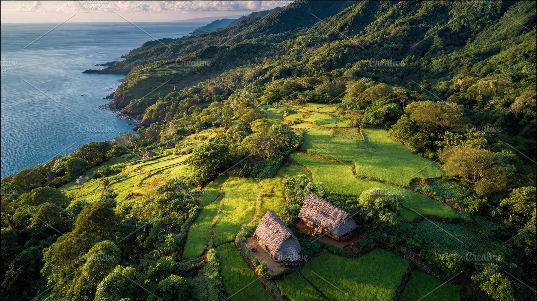 Lush green fields and rustic houses, a Photo by Pavel_design