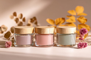 Pastel jars with wooden lids and dried flowers, a Beauty & Fashion Photo by AlyaAnd