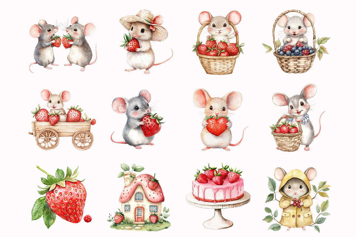 Watercolor Strawberry Mouse Clipart, an Illustration by Design Market (Photo 2 of 5)