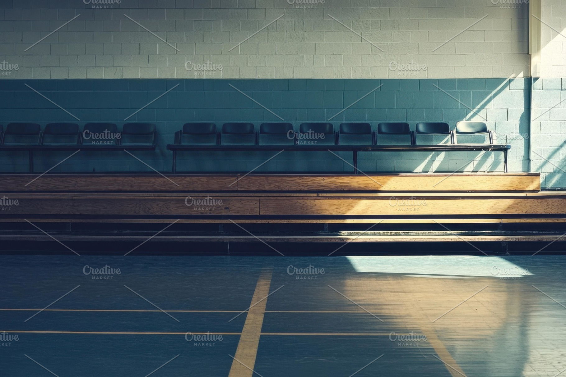 Empty gymnasium with wooden bleacher, a Photo by Tanuart