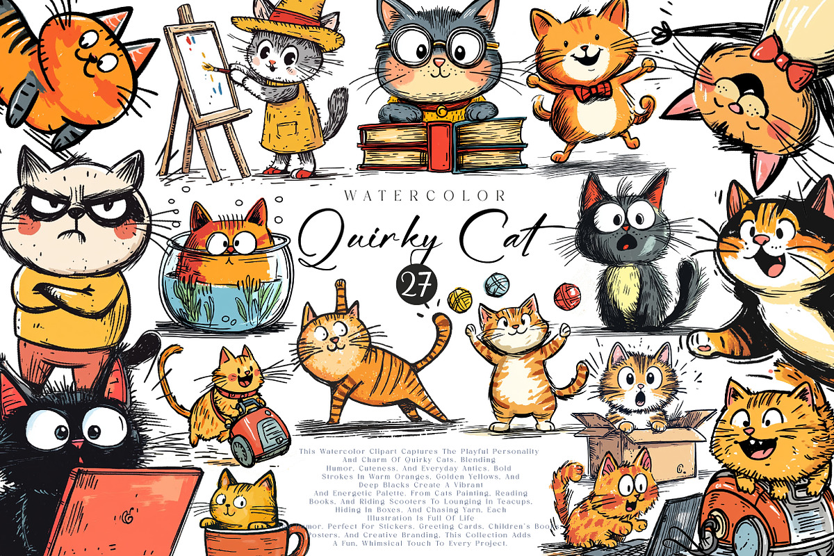 Quirky Funny Cat Clipart, an Illustration by CreationArt (Photo 1 of 4)