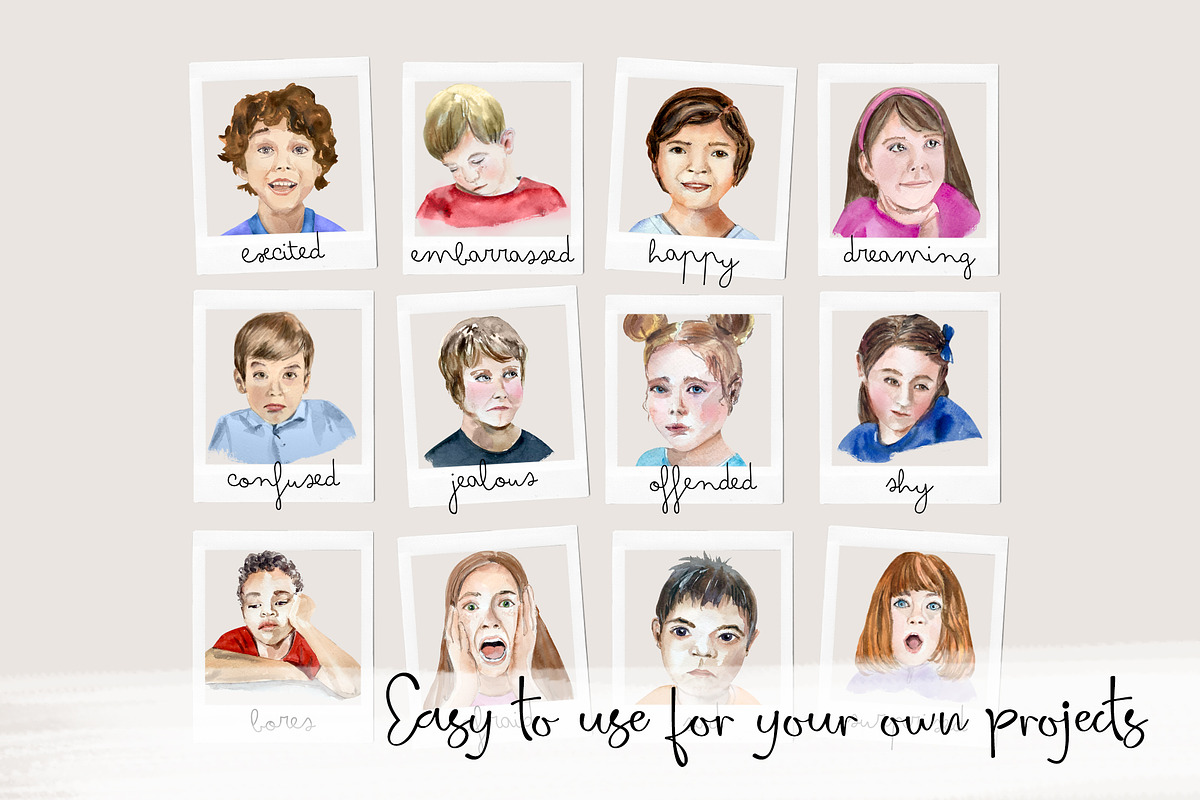 Kids Emotions - Watercolor Set, an Education Illustration by Tati Bordiu (Photo 2 of 5)
