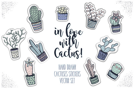 Hand drawn vector cactuses stickers