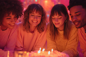 A joyful group of four friends celebrating a birthday with a colorful cake ador, a Person Photo by Textures & Backgrounds