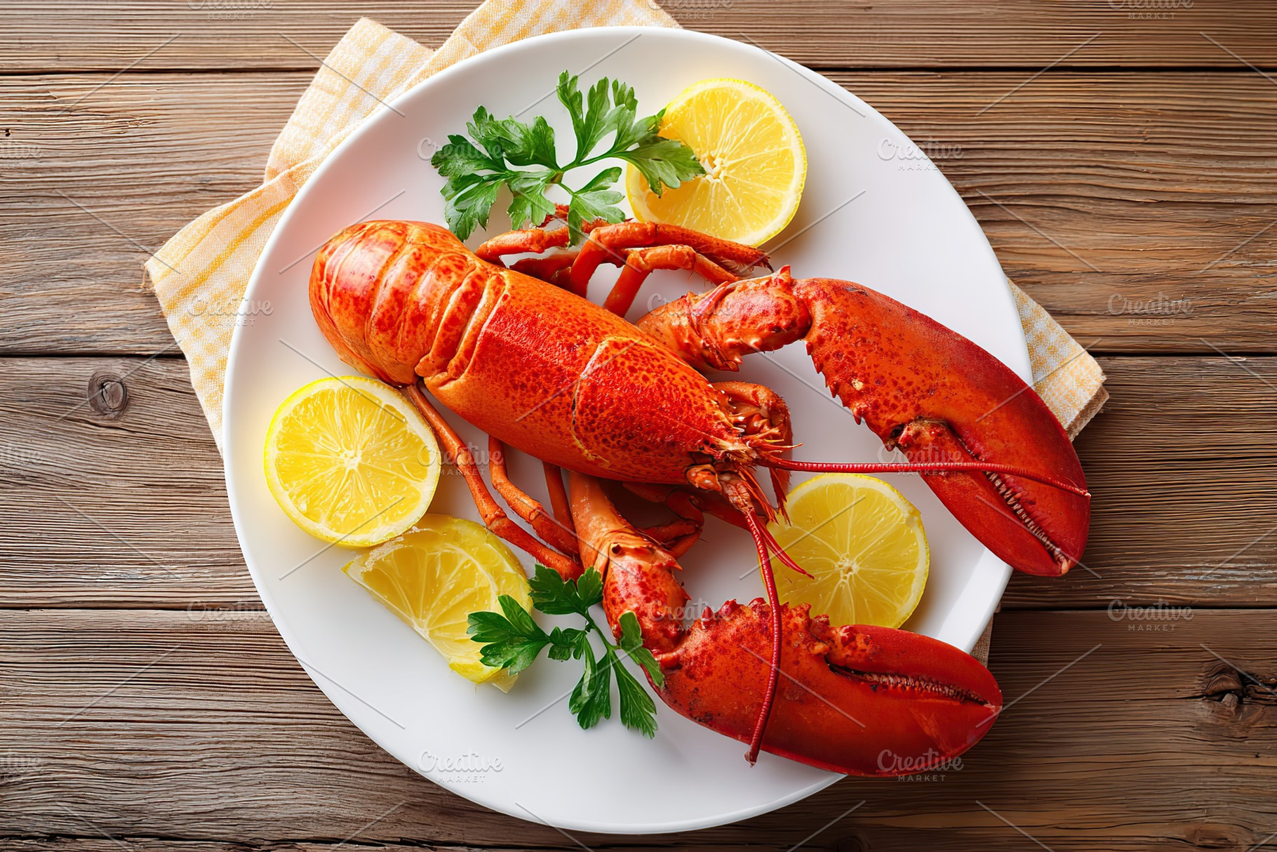 Lobster served with fresh lemon and parsley on a white plate, garnished and rea, a Food & Drink Photo by AlyaAnd