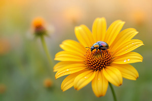 Iridescent Beetle on a Yellow Daisy, a Photo by rarrarorro