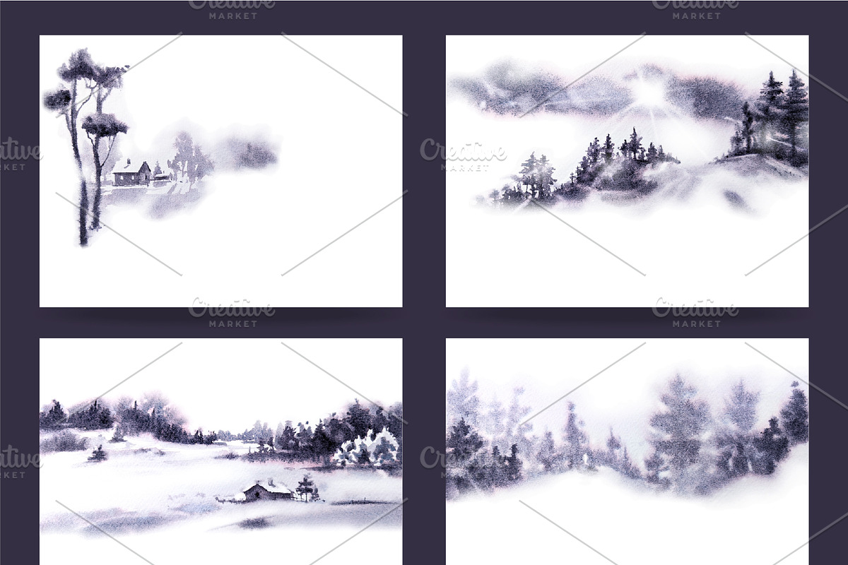 Watercolor Winter Landscapes Set, a Texture Illustration by Nuburu (Photo 8 of 14)