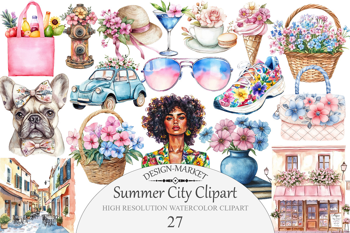 Watercolor Summer City Clipart, an Illustration by Design Market (Photo 1 of 3)