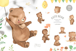 Bear Watercolor Clipart. Woodland