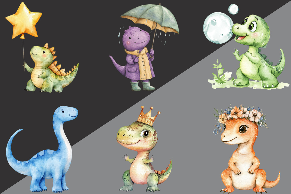 Cute Dinosaur Clipart, an Illustration by Black Bird Studio (Photo 2 of 6)
