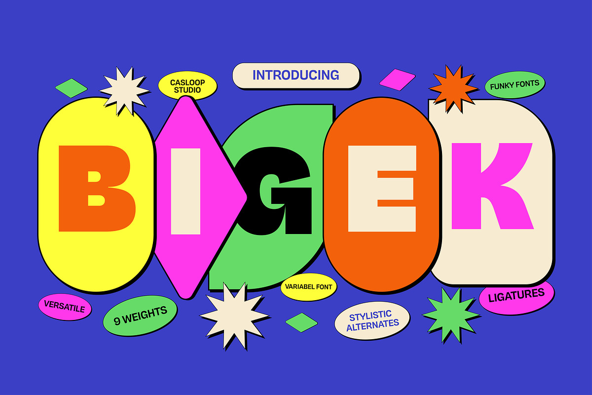 Bigek - Chunky Pop Groovy 9 Fonts, a Sans Serif Font by Casloop Studio (Photo 1 of 9)