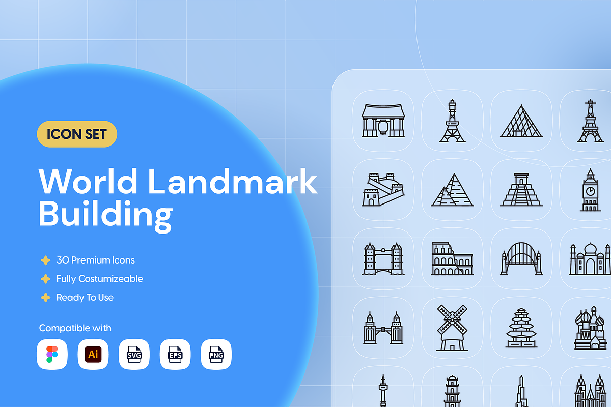 World Landmark Building Icon Set, an Outline Icon by Nathaya Studio (Photo 1 of 2)