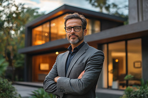 A confident realtor man in a suit stands with arms crossed outside a modern hou, a Person Photo by Textures & Backgrounds