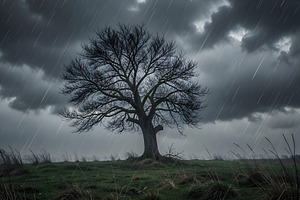lonely tree rainy day AI generated, a Photo by WorldOfPhotos