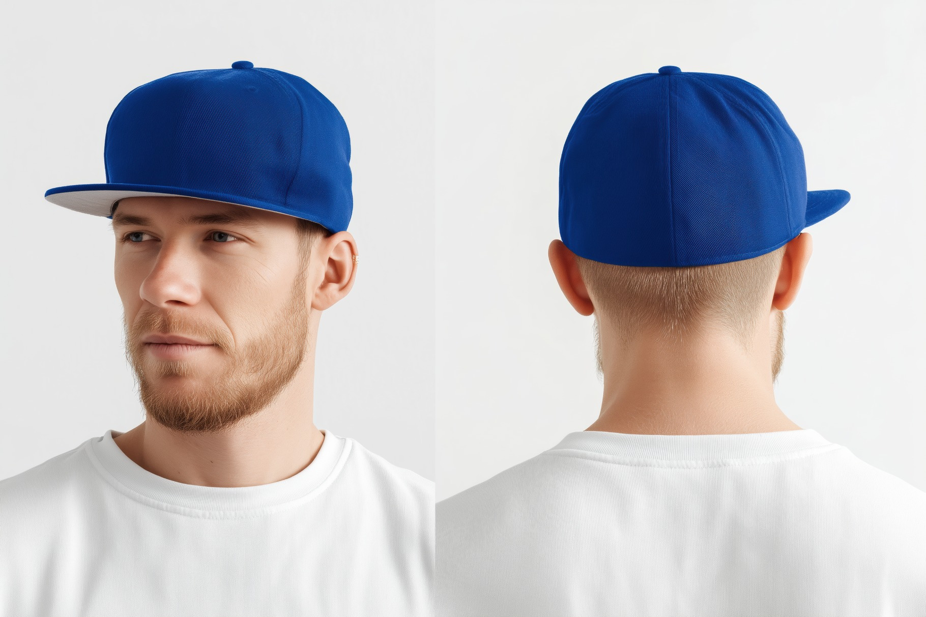 A man wearing a blue baseball cap mockup, shown from the front and back ...