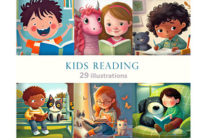 Cartoon Little Kids Reading Books